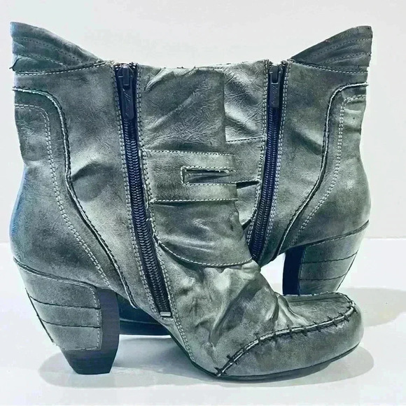 MUSTANG BOOTS GREEN  DISTRESSED LEATHER ROUND SQUARE TOE ANKLE BOOTIE SIZE 41 - Picture 9 of 17